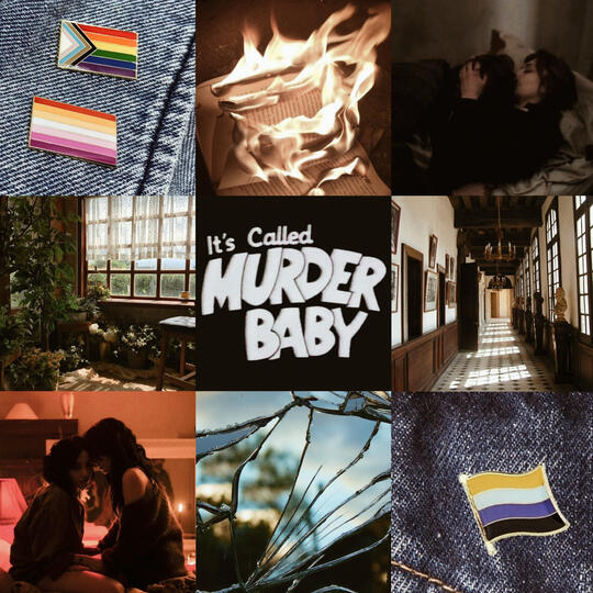a moodboard of a white blonde person, baking materials, a lesbian couple kissing, pride flag pins, an 'I'm autistic' pin, stim necklaces, a friendship group, a cat on a trans flag, and an Indian girl.