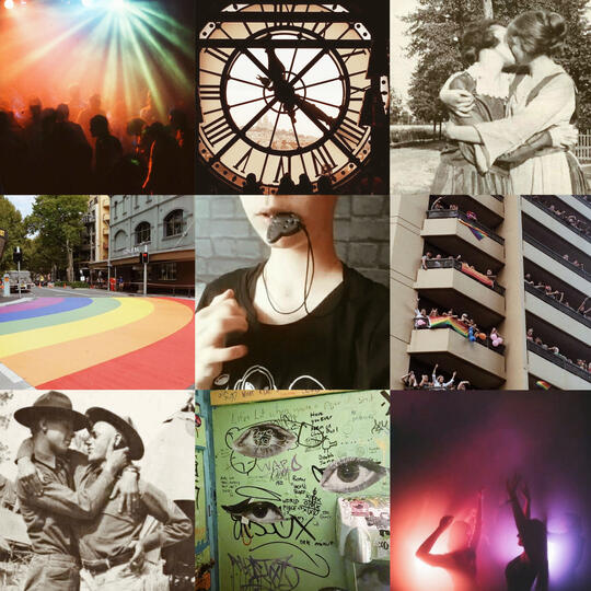 A moodboard displaying colourful partying, vintage images of LGBTQ+ couples, the Sydney Mardi Gras, an old clock, an autistic person chewing on a stim toy, and a vandalised bathroom wall.