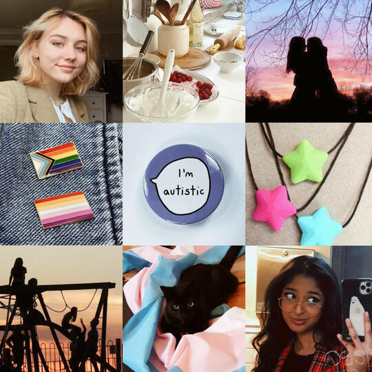 a moodboard of a white blonde person, baking materials, a lesbian couple kissing, pride flag pins, an 'I'm autistic' pin, stim necklaces, a friendship group, a cat on a trans flag, and an Indian girl.